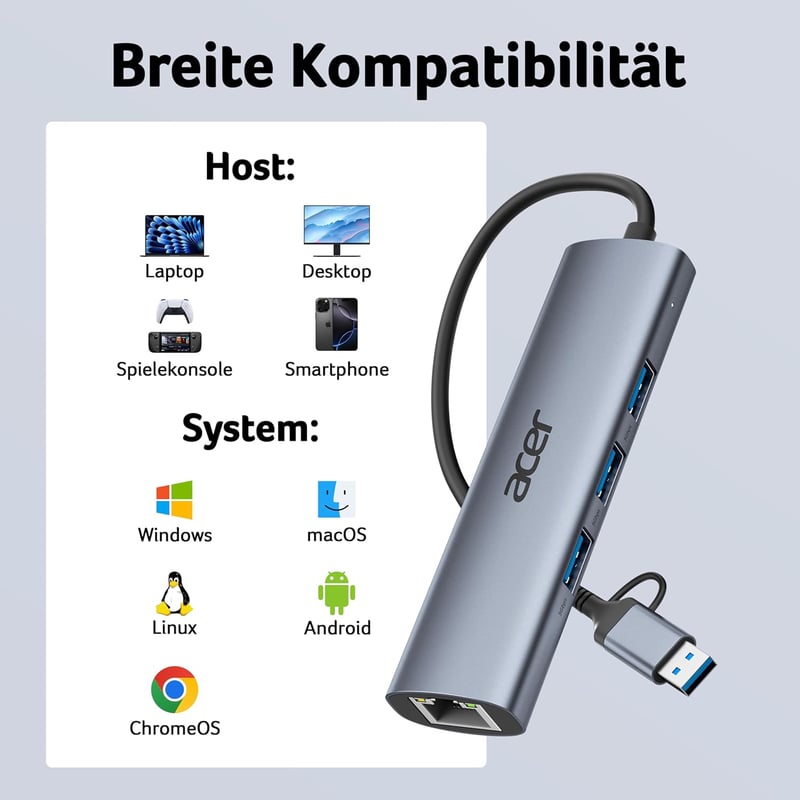 Acer USB-C és USB-A Ethernet adapter hub