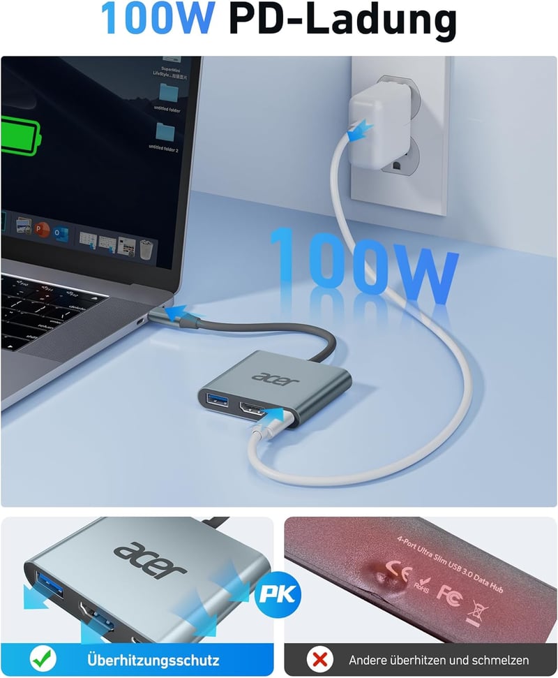 Acer USB-C HDMI adapter 4K, USB 3.0, 100W Power Delivery MacBook XPS