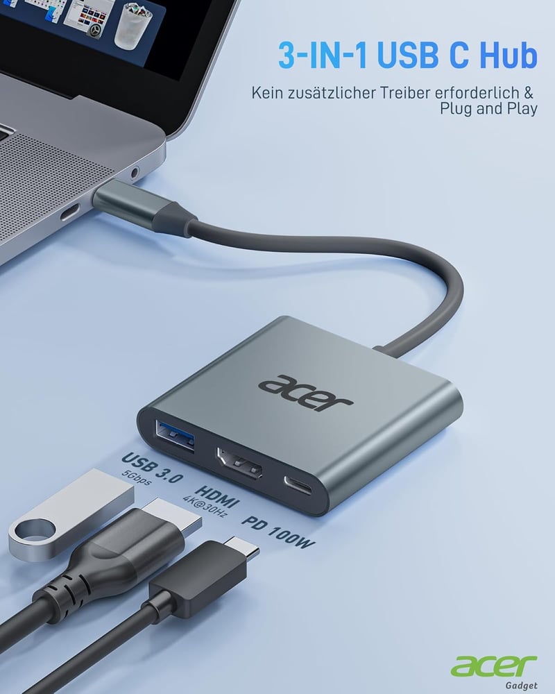 Acer USB-C HDMI adapter 4K, USB 3.0, 100W Power Delivery MacBook XPS