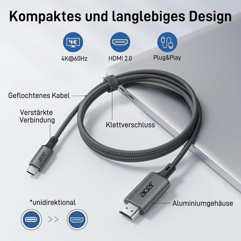 Acer USB-C - HDMI kábel 4K@60Hz, 2m - Thunderbolt 3/4 kompatibilis, alumínium-nylon borítás, iPhone 15/16, MacBook, iPad Pro, Samsung S24 ké