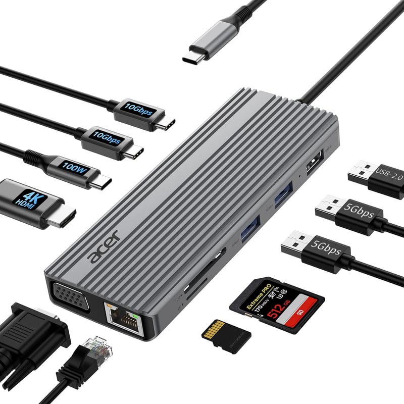 Acer USB-C Hub 11 az 1-ben HDMI 4K, VGA, Ethernet, SD kártyaolvasó