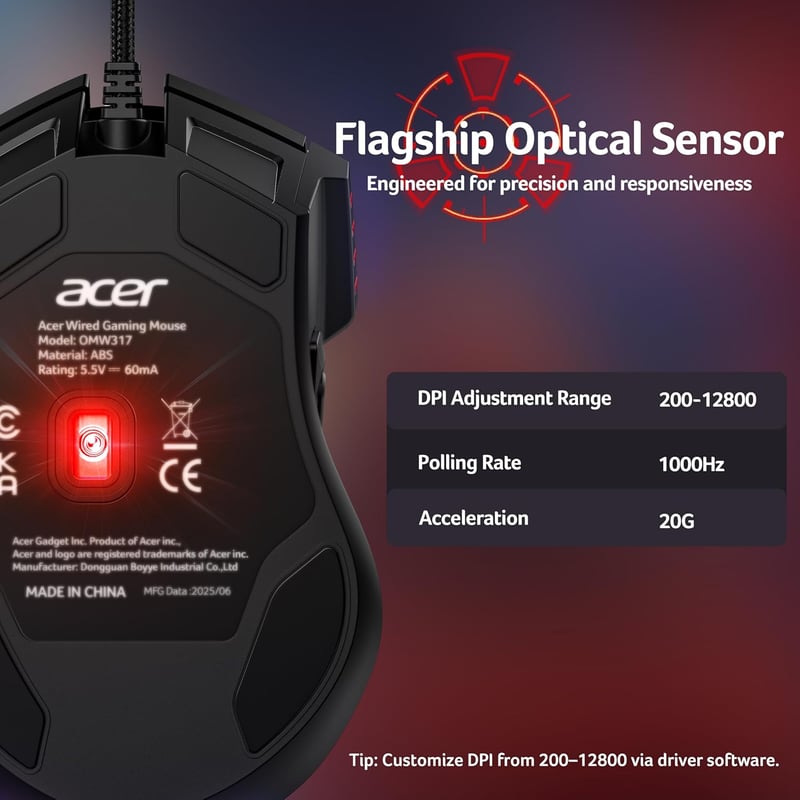 Acer Wired Gaming Mouse 12800 DPI RGB, 8 Gomb, 1000Hz, Ergonomikus Gamer Egér