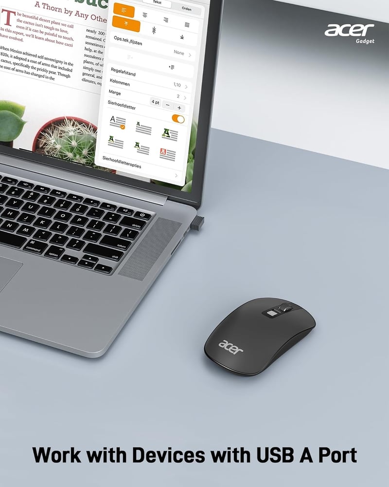 Acer Wireless Egér 2.4GHz USB Vevővel, 1600 DPI, Ultravékony Hordozható Számítógép Egér