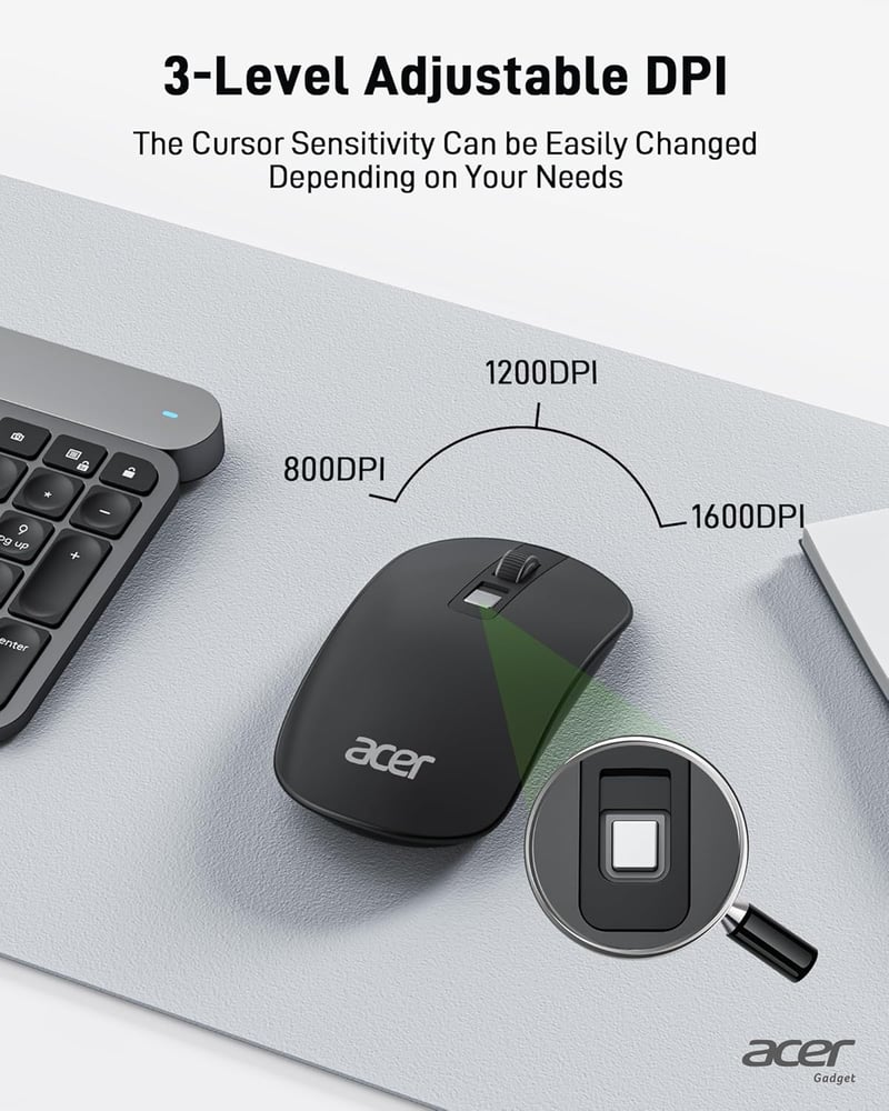 Acer Wireless Egér 2.4GHz USB Vevővel, 1600 DPI, Ultravékony Hordozható Számítógép Egér