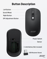 Acer Wireless Egér 2.4GHz USB Vevővel, 1600 DPI, Ultravékony Hordozható Számítógép Egér 4