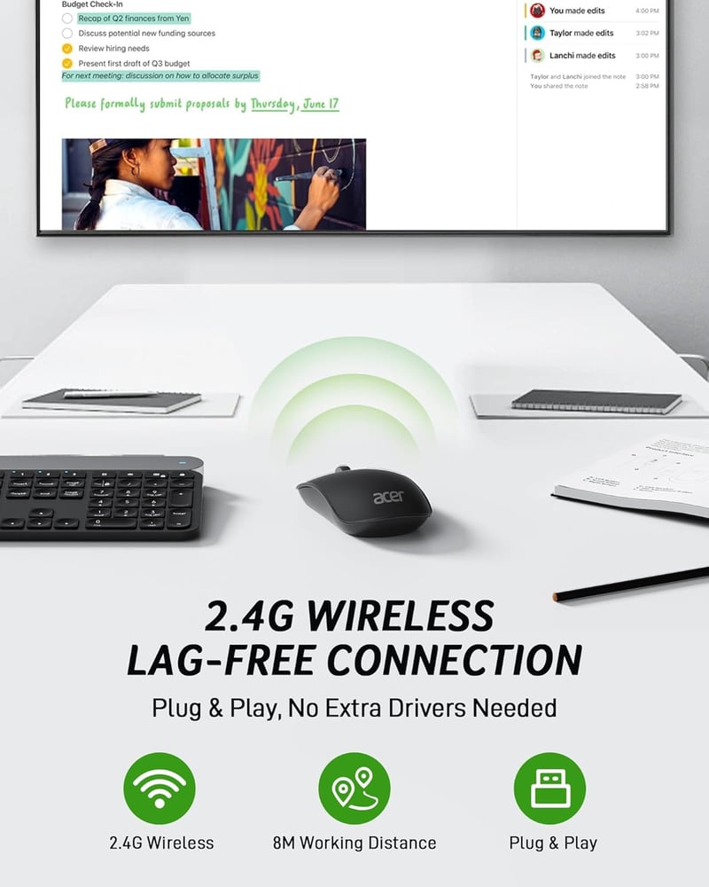 Acer Wireless Egér 2.4GHz USB Vevővel, 1600 DPI, Ultravékony Hordozható Számítógép Egér