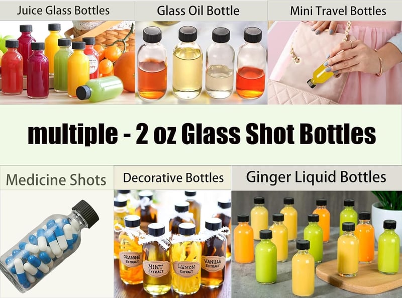 DIDITIME Üveg Tárolóüvegek 12 db 60ml - Mini Utazó Palackok Fedéllel és 2 Tölcsérrel - Fűszertartó, Olaj, Shot Üvegek, Mintapalackok