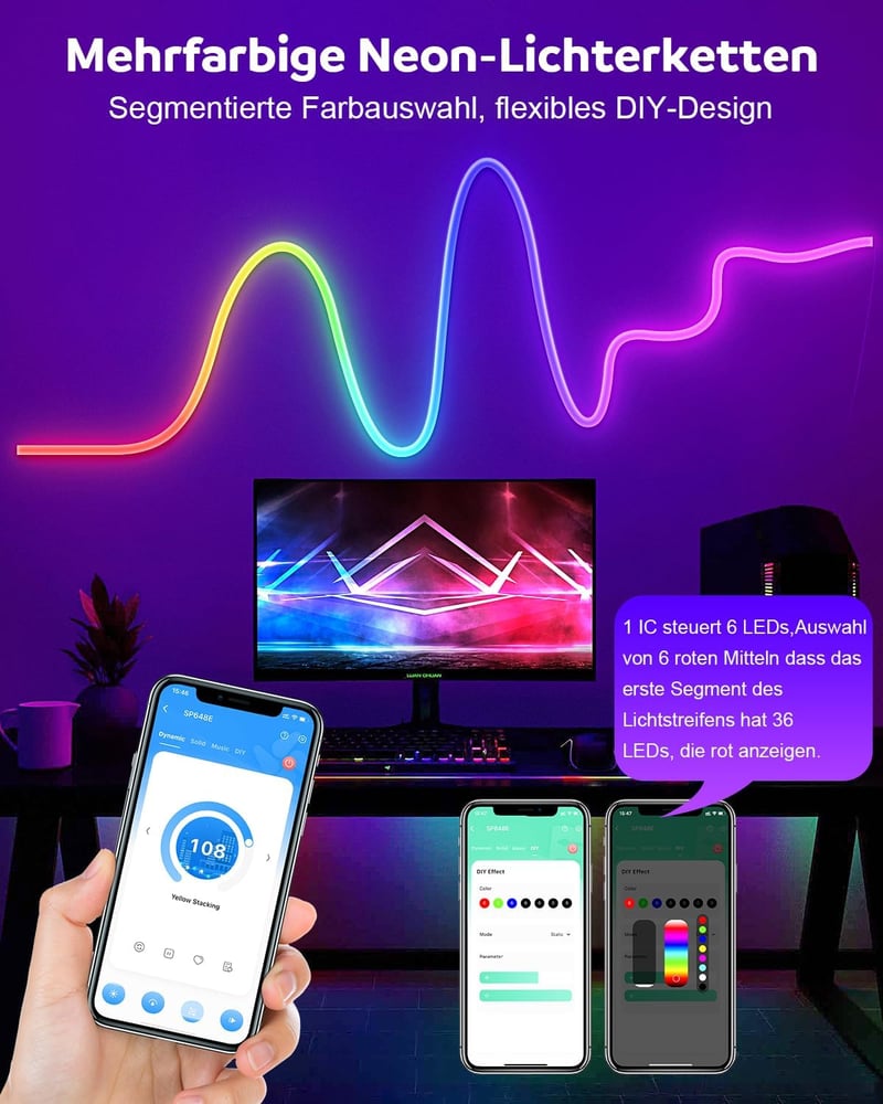 Aclorol RGB Neon LED Szalag 2m - Kültéri Vízálló 24V Okos Világítás, Applikációs Vezérlés, Zenére Szinkronizálás, Színváltás Távirányítóval