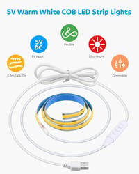 Aclorol USB COB LED Szalag 5M Meleg Fehér 3000K Szabályozható Fényerő 320LED/m Nagy Sűrűségű Rugalmas Világítás TV Háttérfény Szekrény Hálós 3