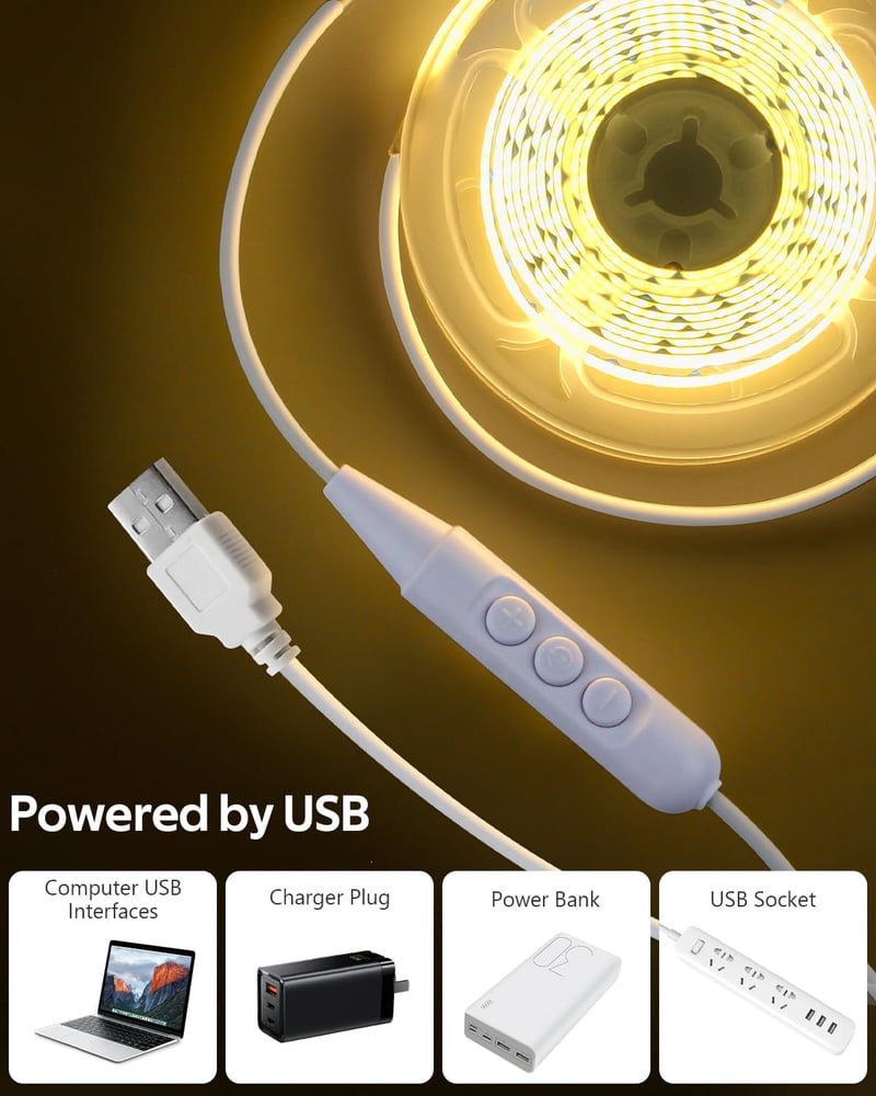 Aclorol USB COB LED Szalag 5V 3000K Meleg Fehér - 2m Dimmelhető Rugalmas Világítás TV Háttérfényhez, 3D Nyomtatóhoz, Szekrényhez