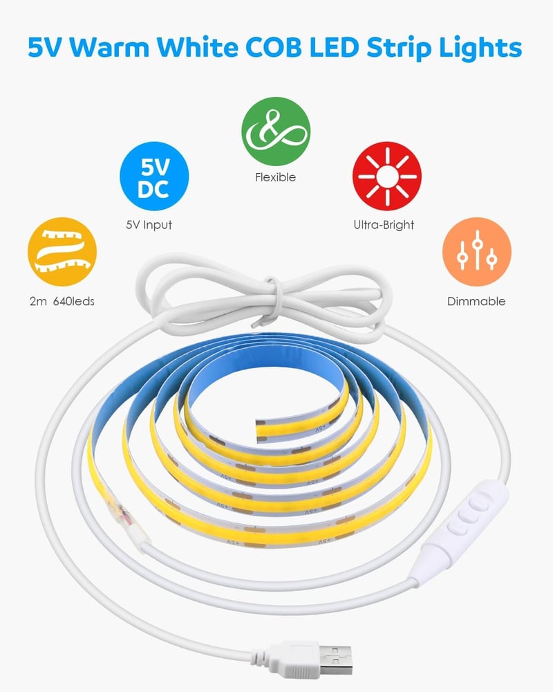 Aclorol USB COB LED Szalag 5V 3000K Meleg Fehér - 2m Dimmelhető Rugalmas Világítás TV Háttérfényhez, 3D Nyomtatóhoz, Szekrényhez