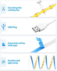 Aclorol USB LED Szalag 1M, 320 LED COB Hidegfehér 6000K, Vágható Rugalmas Világítás Konyhába, TV Mögé, Polcra - 5V USB Tápellátás 4