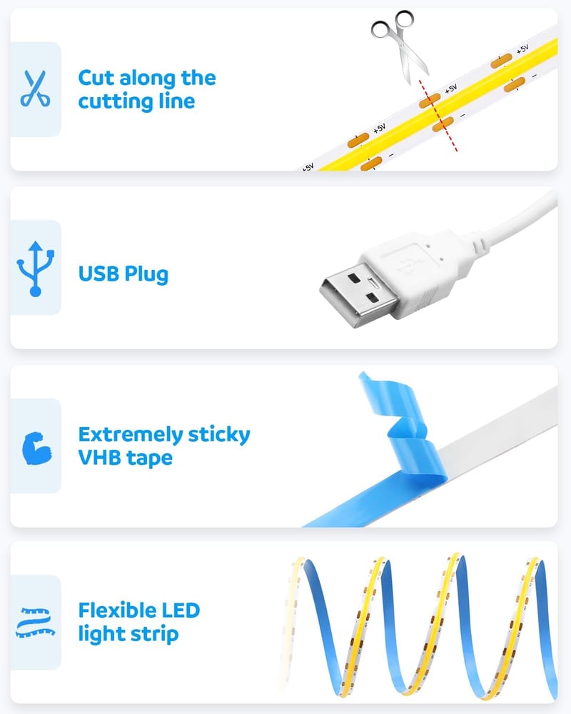 Aclorol USB LED Szalag 1M, 320 LED COB Hidegfehér 6000K, Vágható Rugalmas Világítás Konyhába, TV Mögé, Polcra - 5V USB Tápellátás
