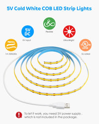 Aclorol USB LED Szalag 1M, 320 LED COB Hidegfehér 6000K, Vágható Rugalmas Világítás Konyhába, TV Mögé, Polcra - 5V USB Tápellátás 3