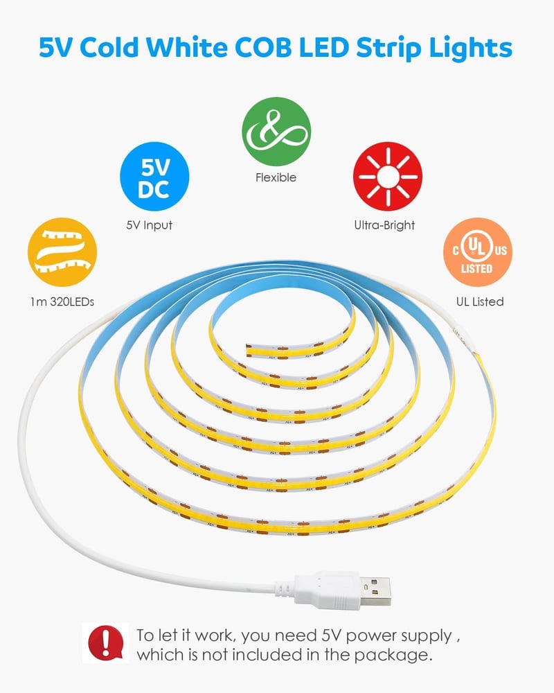 Aclorol USB LED Szalag 1M, 320 LED COB Hidegfehér 6000K, Vágható Rugalmas Világítás Konyhába, TV Mögé, Polcra - 5V USB Tápellátás