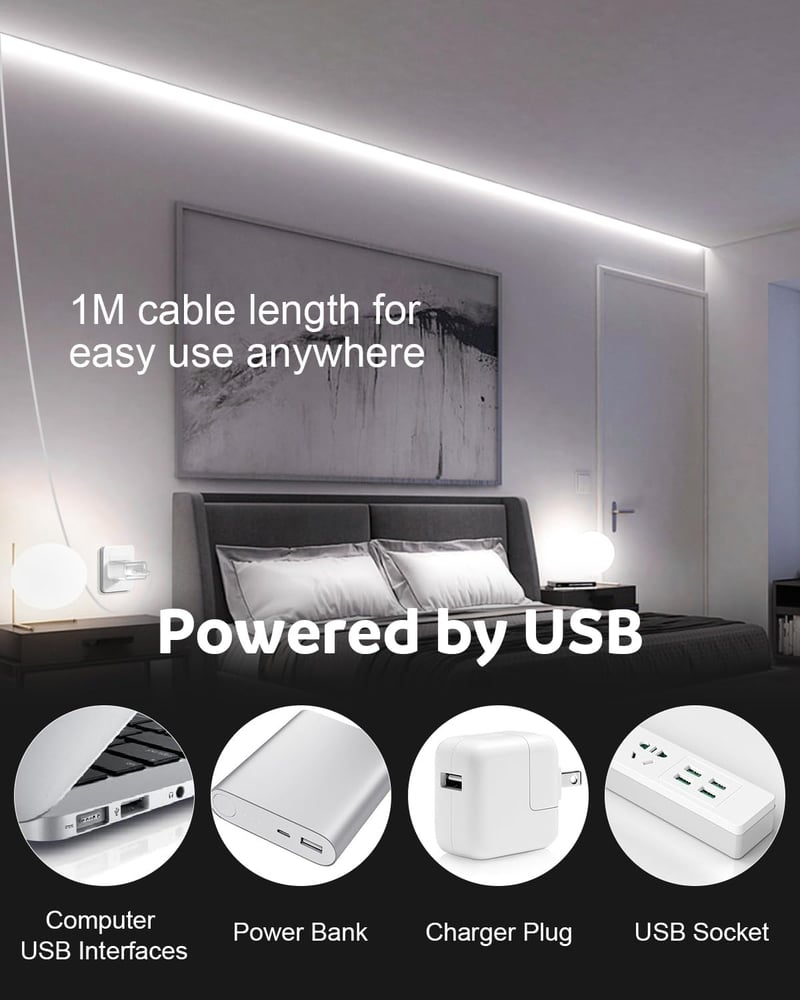 Aclorol USB LED Szalag 1M, 320 LED COB Hidegfehér 6000K, Vágható Rugalmas Világítás Konyhába, TV Mögé, Polcra - 5V USB Tápellátás