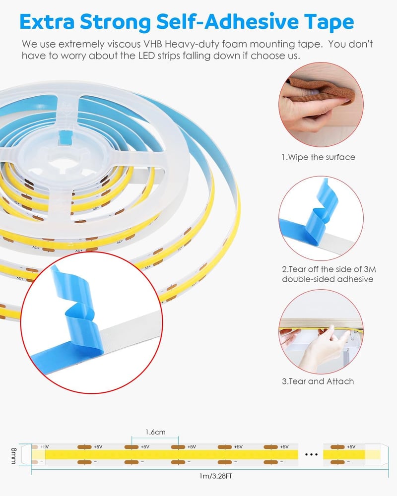 Aclorol USB LED Szalag 1M, 320 LED COB Hidegfehér 6000K, Vágható Rugalmas Világítás Konyhába, TV Mögé, Polcra - 5V USB Tápellátás