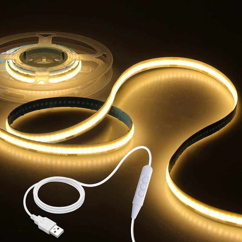 Aclorol USB LED Szalag 1m - Meleg Fehér 3000K Fényerőszabályozható COB LED Világítás TV Háttérfény Öntapadós 320 LED/m CRI 85+