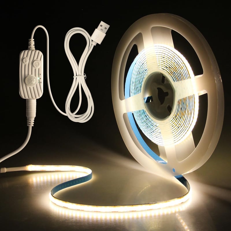 Aclorol USB LED szalag mozgásérzékelővel - 2m, semleges fehér, öntapadós, 5V COB, 18W, szabályozható fényerő, 8mm széles, lépcsőhöz, konyháb