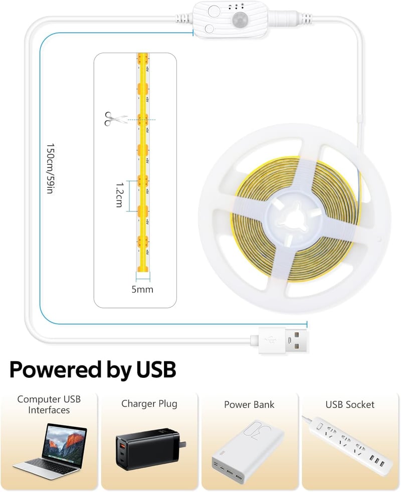 Aclorol USB LED szalag mozgásérzékelővel - 2m, semleges fehér, öntapadós, 5V COB, 18W, szabályozható fényerő, 8mm széles, lépcsőhöz, konyháb