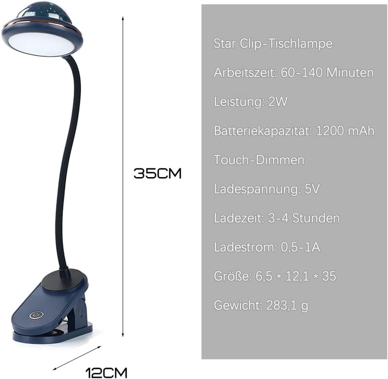 ACMHNC Gyerek Csiptetős Olvasólámpa USB Tölthető, Csillagkivetítős LED Éjjeli Lámpa Hajlítható Nyakkal, Érintésvezérelt Fényerőszabályzós Ág - Blue