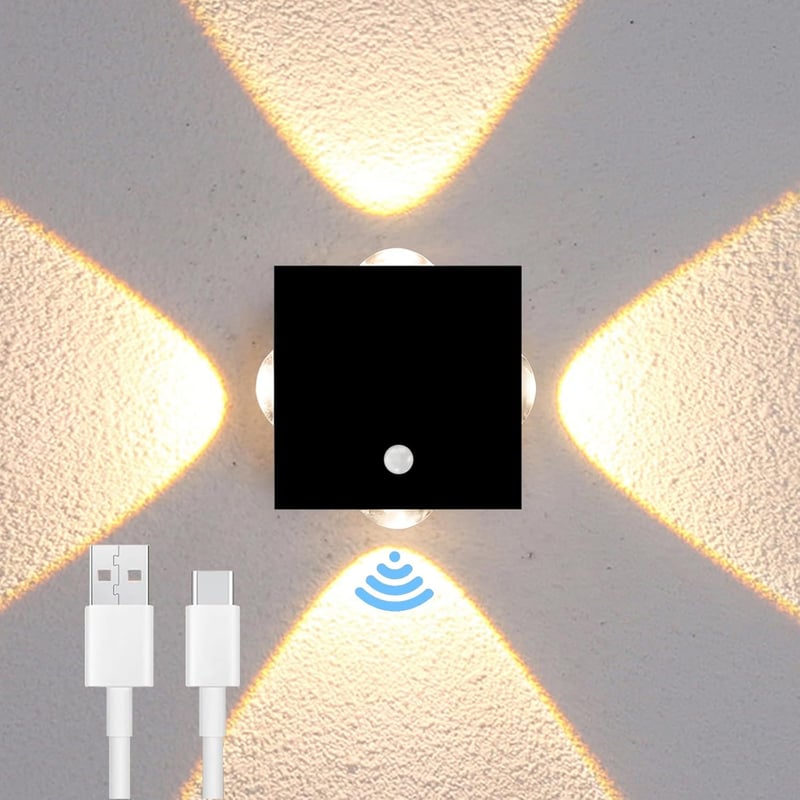 ACMHNC Mozgásérzékelős Fali Lámpa - USB Tölthető LED Világítás, Vezeték Nélküli, 200lm Meleg Fehér Fény, Fekete, Lépcsőhöz, Folyosóhoz