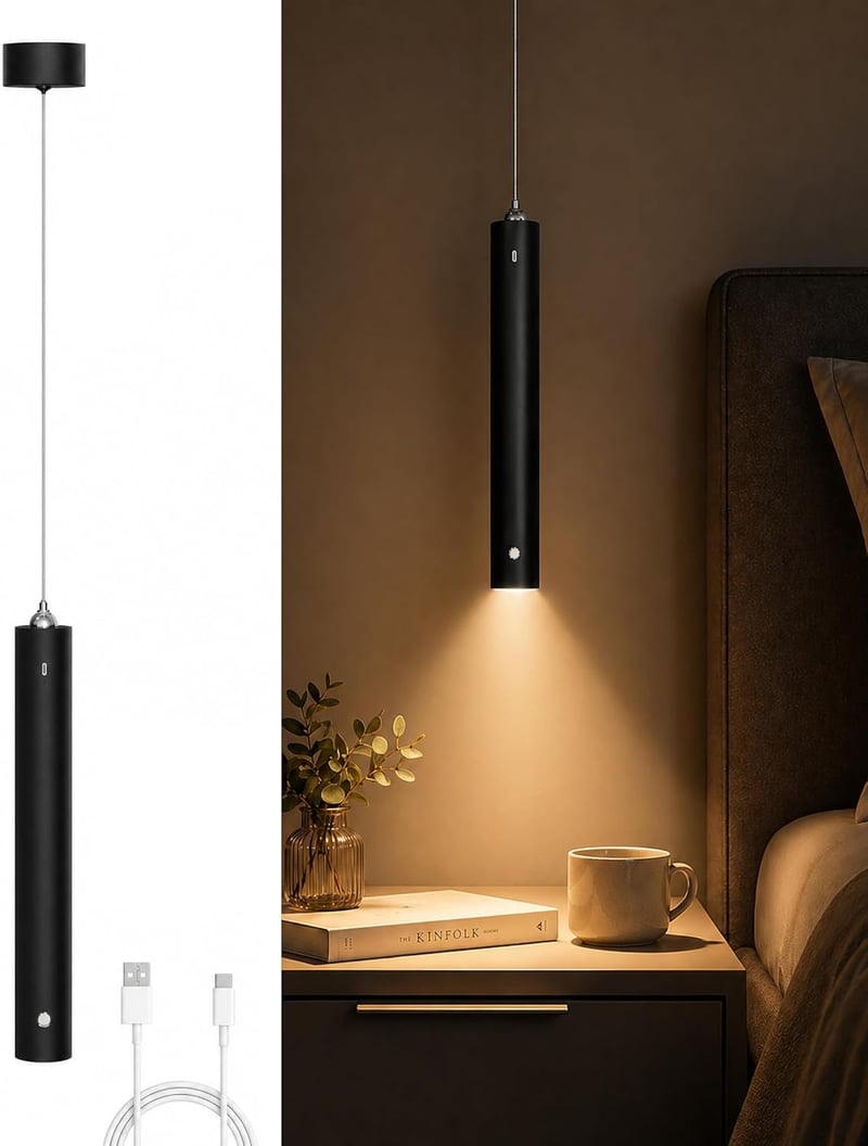 Lampă suspendată LED reîncărcabilă ACMHNC fără fir, USB-C, 4500mAh, tactilă, reglabilă pe înălțime 200 cm, 3000K/4000K/6000K, negru, pentru insulă de bucătărie