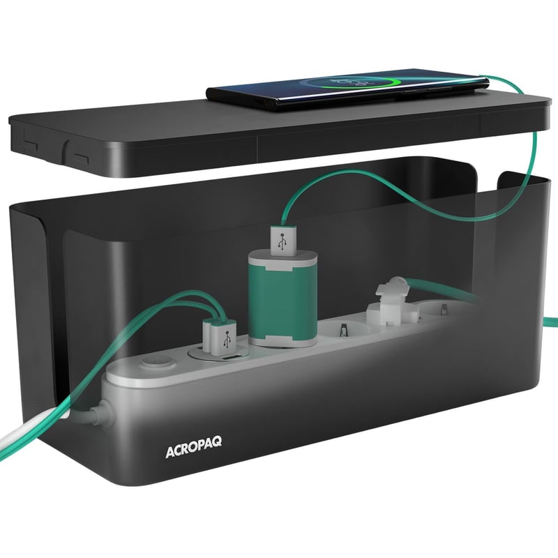 ACROPAQ Káblový box na organizáciu káblov – 32 x 13,2 x 12,7 cm, čierny plastový box na skrytie káblov a zásuviek, úložný box na káble