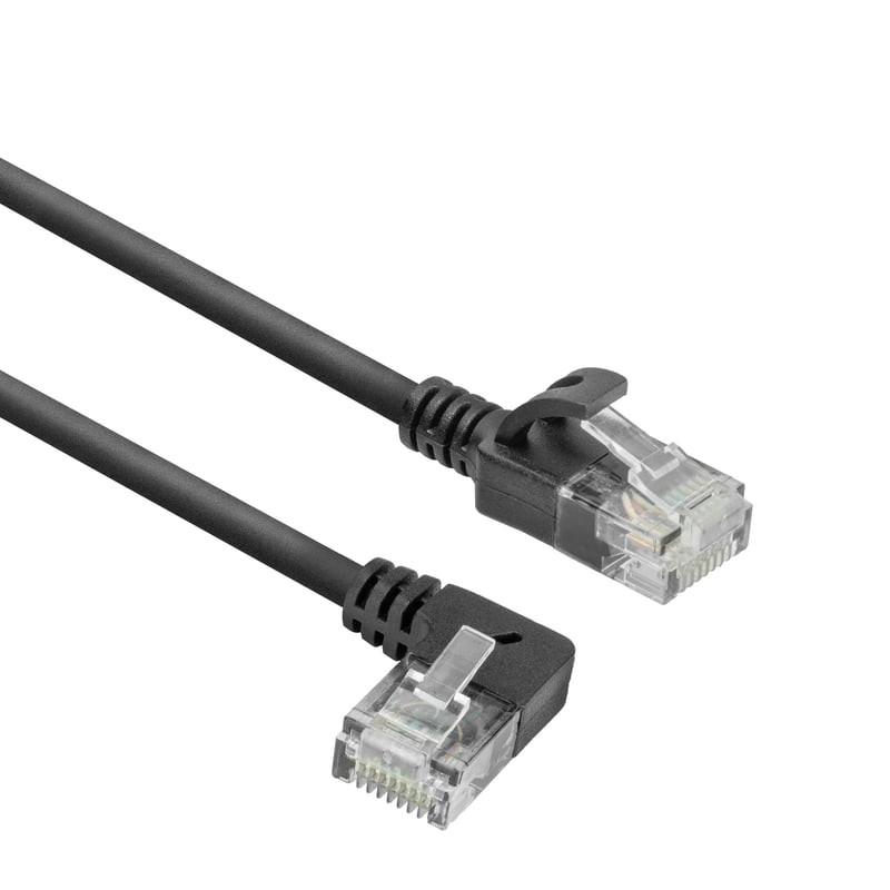 Tenký sieťový kábel ACT DC1905 CAT6A UTP s 90° zahnutým RJ45 konektorom vľavo, LSZH, 3,6 mm, čierny, 5 m, pre dátové centrá