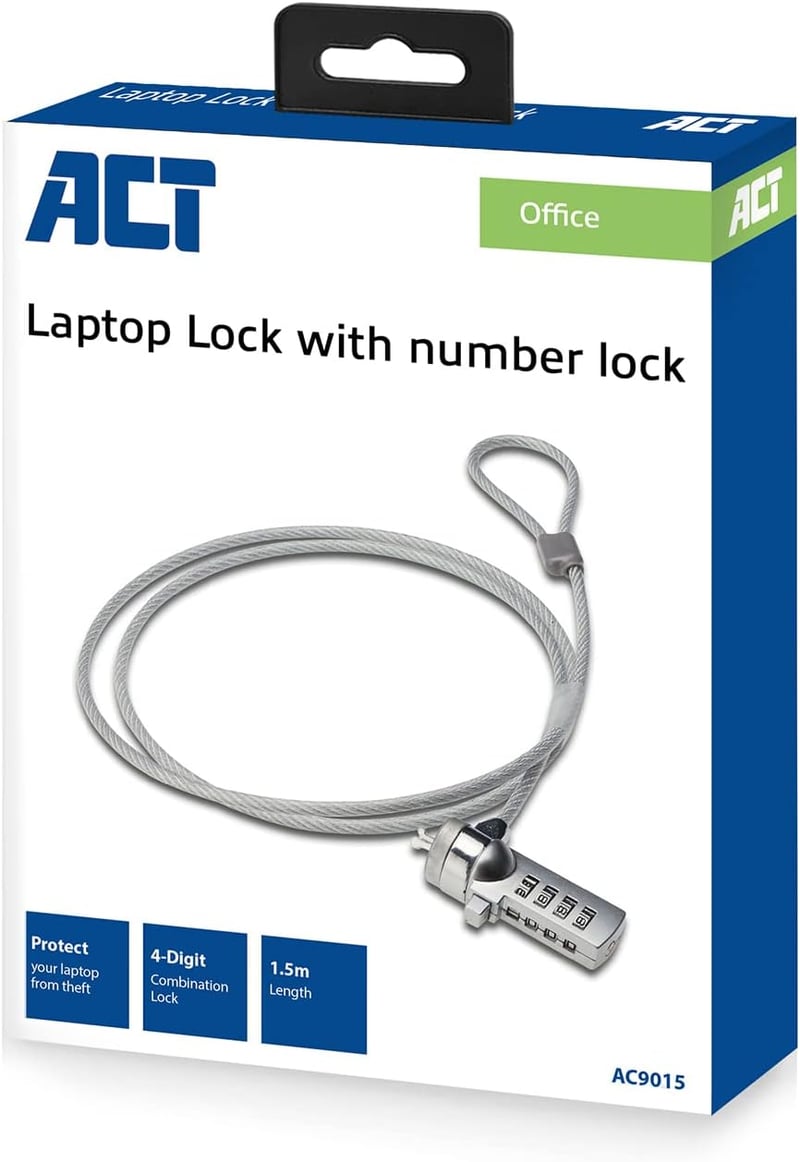 ACT Laptop Biztonsági Kábel 1.5M Kombinációs Zár Hordozható Antitheft - gray
