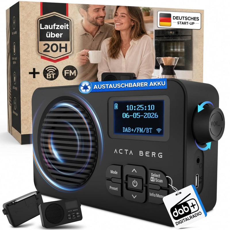 Radio DAB Acta Berg cu Baterie Înlocuibilă de 5000 mAh și Tehnologie BT 5.3 - Negru