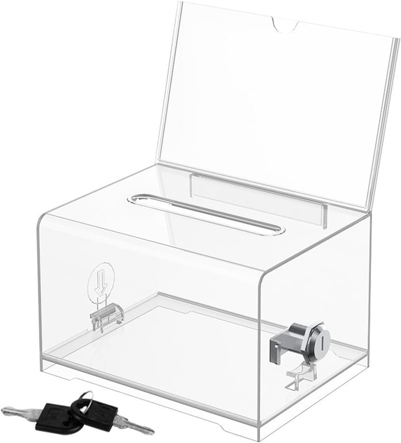 Urnă de donații transparentă din acril ACTIUSIS cu încuietoare – Cutie pentru sugestii, urnă de vot, suport pentru cărți de vizită, 15,7 x 11,5 x 10,2 cm