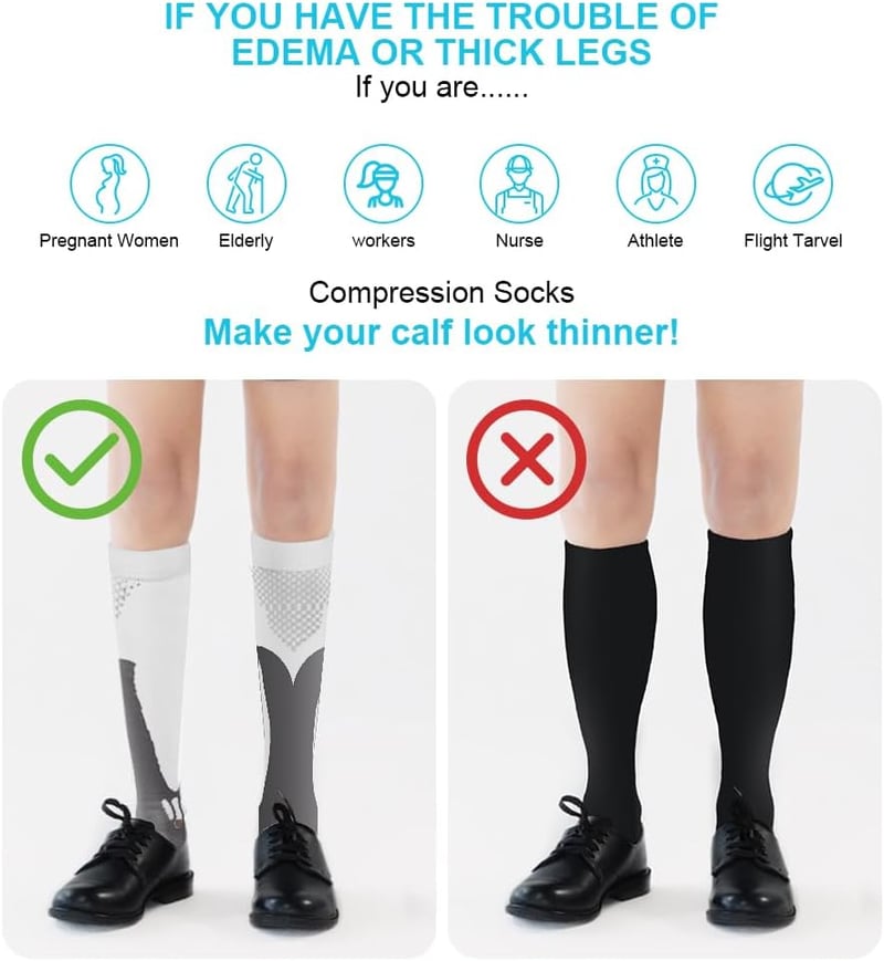 ACWOO Kompressziós Zokni Férfi Női 2 Pár Orvosi Támasztó Harisnya 20-30 mmHg Sport Trombózis Megelőzés L/XL Fekete Fehér
