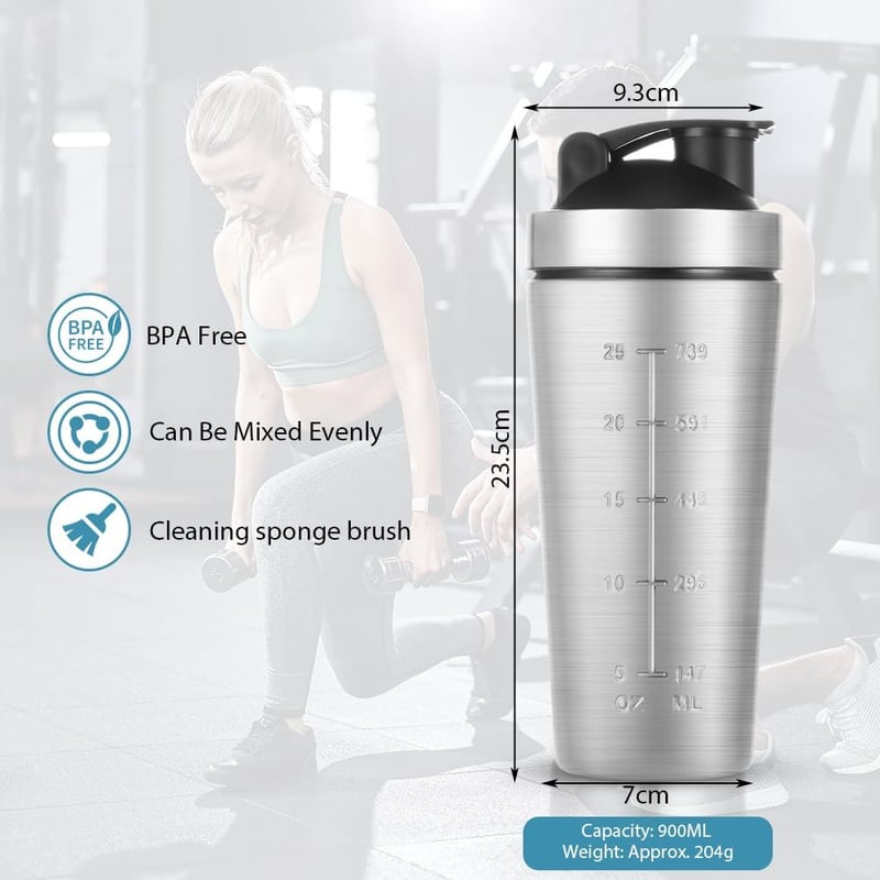 ACWOO Rozsdamentes Acél Protein Shaker 900ml - Sportos Fitnesz Palack Mérlegekkel, BPA Mentes Szivárgásmentes Fehérje Turmix