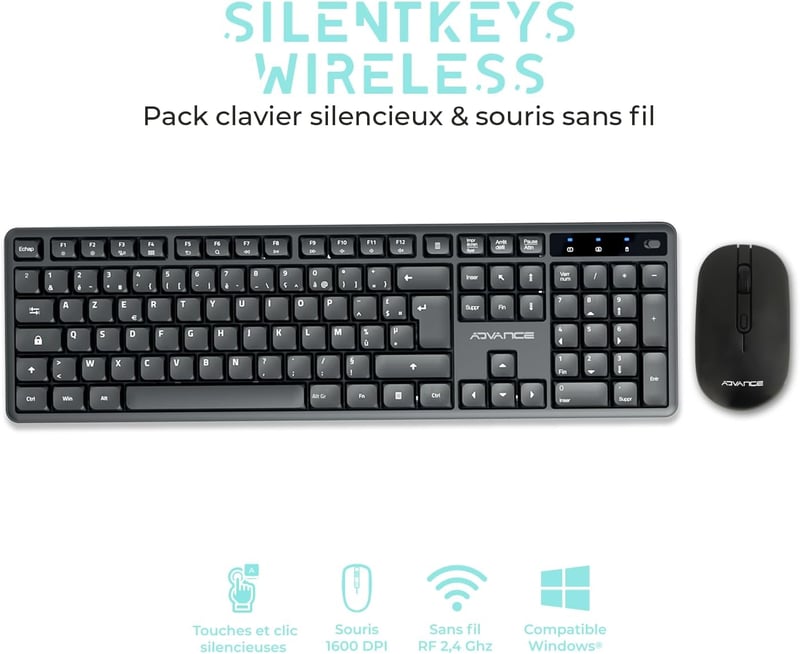 AD ADVANCE SilentKeys Wireless Billentyűzet és Egér Szett PC Mac AZERTY 105 Gomb