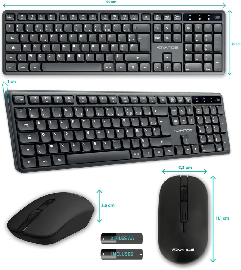 AD ADVANCE SilentKeys Wireless Billentyűzet és Egér Szett PC Mac AZERTY 105 Gomb