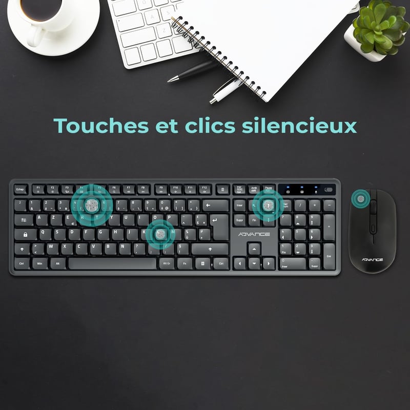 AD ADVANCE SilentKeys Wireless Billentyűzet és Egér Szett PC Mac AZERTY 105 Gomb