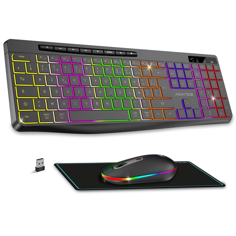 AD ADVANCE Bezdrôtová klávesnica a myš, RGB podsvietenie, Tichá optická LED myš 1600 DPI, Nabíjateľná, pre PC Mac Laptop