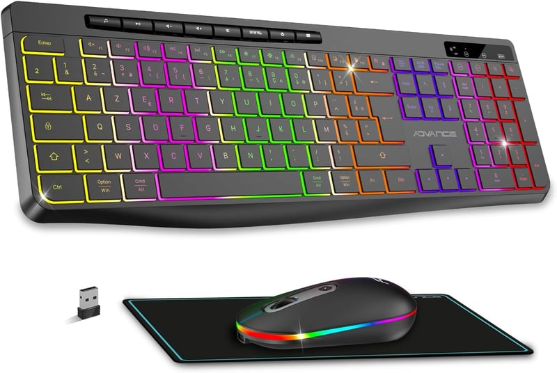 AD ADVANCE Vezeték Nélküli Billentyűzet Egér Szett RGB Háttérvilágítás Csendes Optikai LED Egér 1600 DPI Újratölthető PC Mac Laptop
