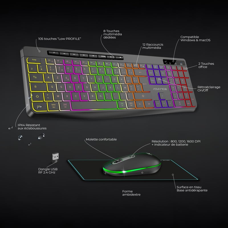 AD ADVANCE Vezeték Nélküli Billentyűzet Egér Szett RGB Háttérvilágítás Csendes Optikai LED Egér 1600 DPI Újratölthető PC Mac Laptop