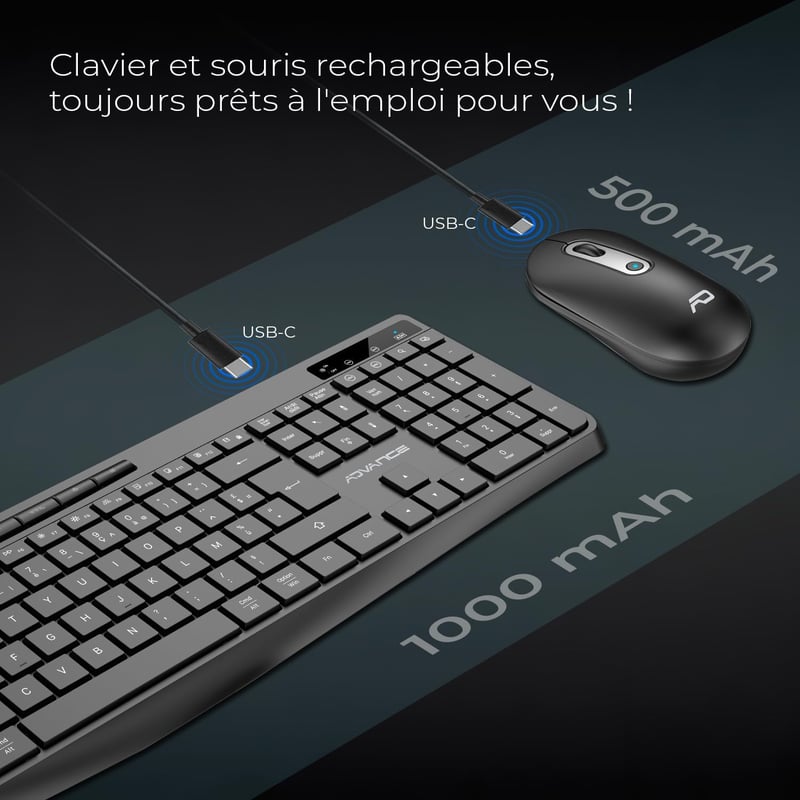 AD ADVANCE Vezeték Nélküli Billentyűzet Egér Szett RGB Háttérvilágítás Csendes Optikai LED Egér 1600 DPI Újratölthető PC Mac Laptop