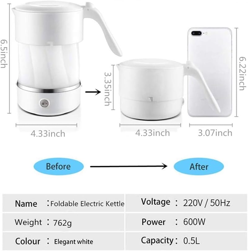 Adirigo Összecsukható Utazó Vízforraló 500ml, BPA-mentes Szilikon, 110-240V