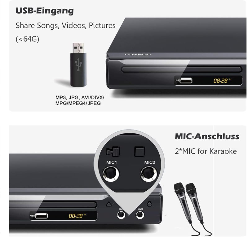 SCART/HDMI/USB DVD lejátszó TV-hez, régiómentes, mikrofonbemenettel