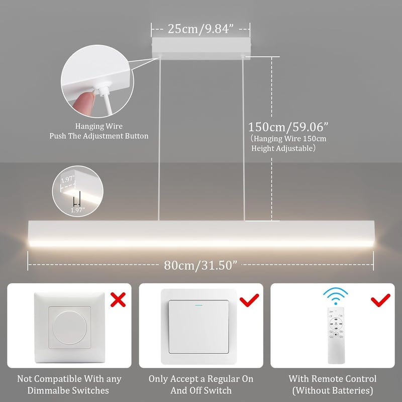 Klighten LED Függőlámpa 3000K-6000K, 80cm/24W Távirányítós Étkezőasztal Lámpa, Lineáris Dizájn, 150cm Állítható Magasságú Csillár Nappaliba,