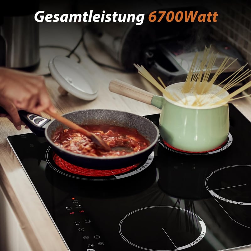 Cooksir Beépíthető Üvegkerámia Főzőlap 59 cm - 4 Zónás, Ovális és Dupla Főzőfelülettel, 6700W, Gyerekzárral, Túlmelegedés Elleni Védelemmel - Set of 4 With Oval Zone