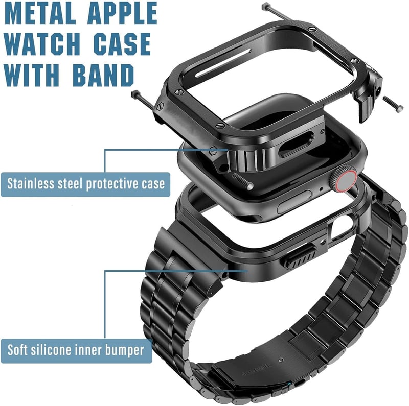 Apple Watch 44mm fém szíj és védőtok szett - MioHHR ütésálló, fekete acél, 6/5/4/SE sorozathoz