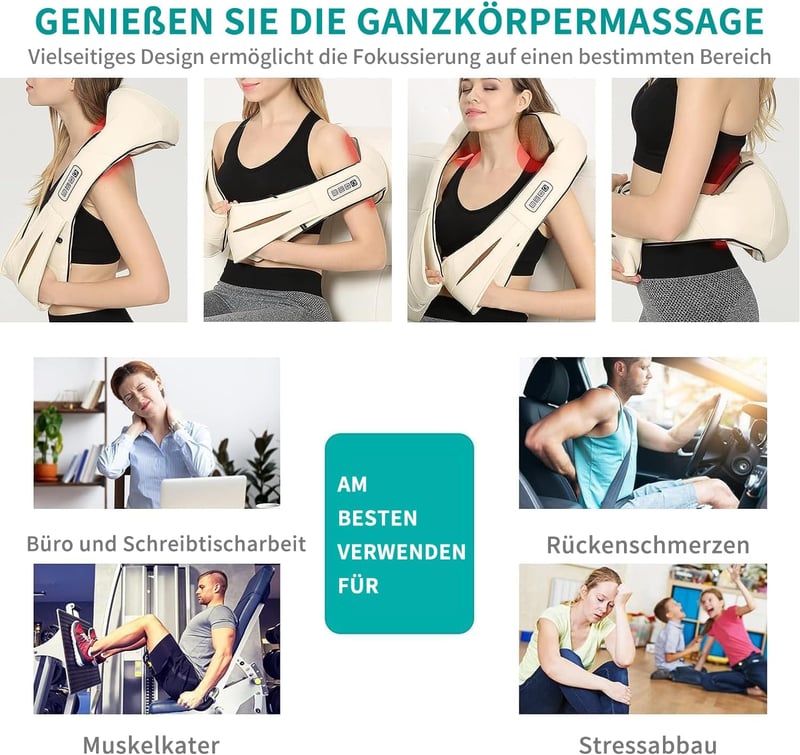 Nekteck Shiatsu Masszírozó Párna Melegítő Funkcióval - Nyak, Váll, Hát és Derék Masszázs Otthon, Irodában és Autóban - Állítható - Beige