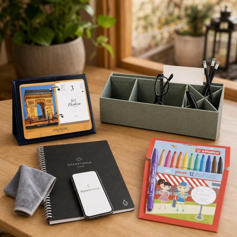 Pachet Planificare și Organizare: calendar + planner reutilizabil + 12 carioci + organizator birou