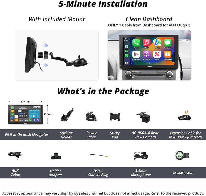 ATOTO P5 9" Hordozható Autós Rádió QLED Érintőképernyővel - Vezeték Nélküli CarPlay és Android Auto, Bluetooth, 1080P Tolatókamera, Tükrözés