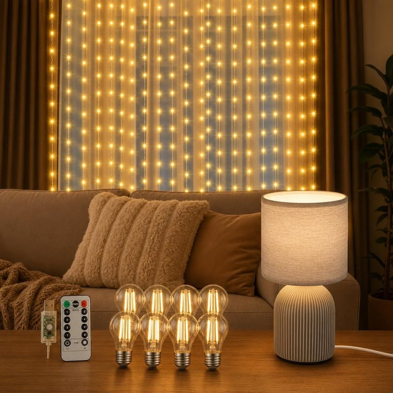 Esti fényvarázs lámpacsomag: 3x3 m függönyfény + asztali lámpa + 6 db E27 LED izzó